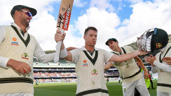 David Warner (C) has been a beast at the top of the order for Australia. Picture: AFP