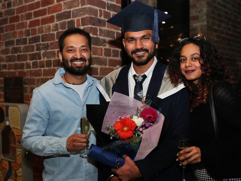 Jaydeep Dabhi, Ravi Limbachiya and Hityshi Naidu. Deakin University graduation arts and SEBE faculty. Picture: Alan Barber