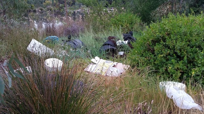 Rubbish illegally dumped at the Byards Wetlands over the weekend. Picture: Nat Cook