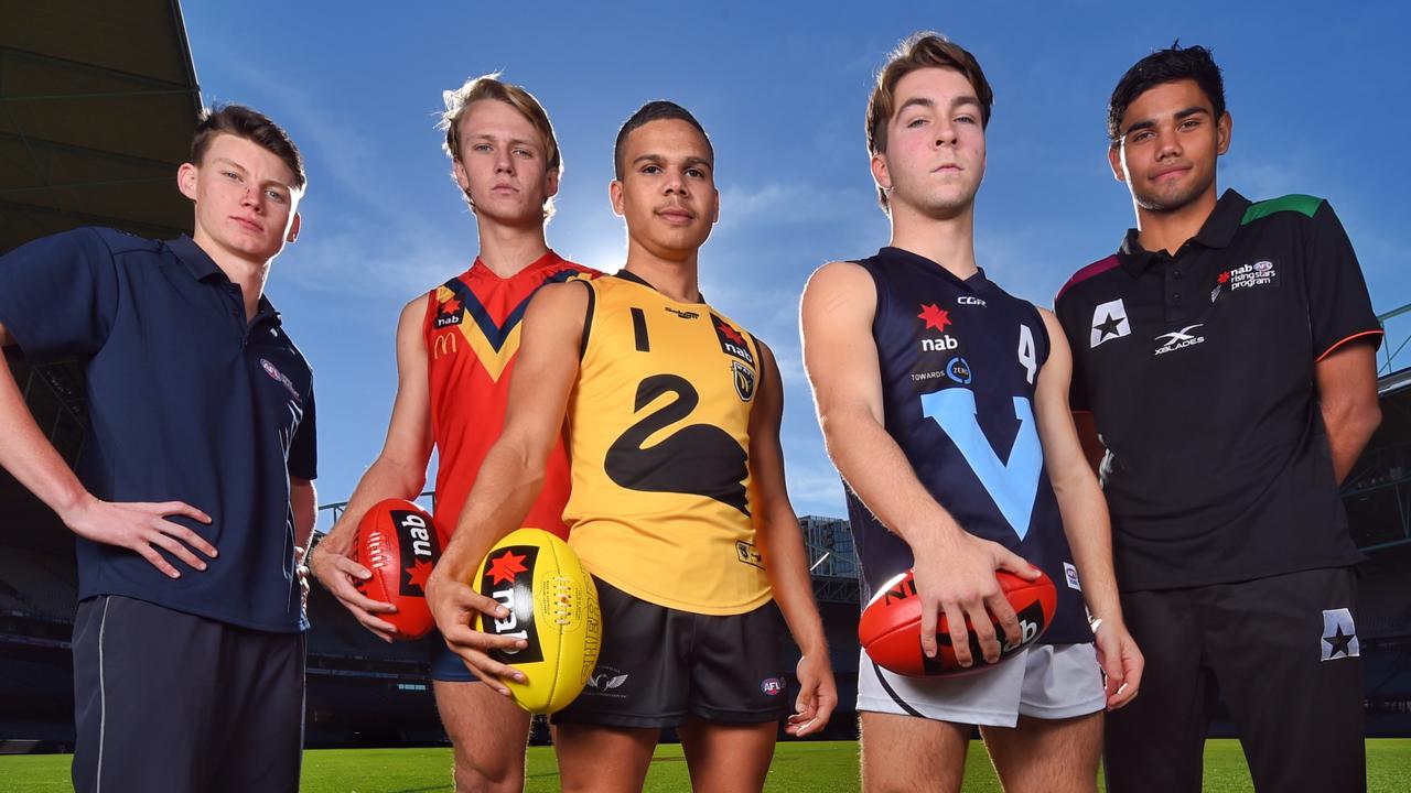 Sam Walsh, Jack Lukosius, Ian Hill, Rhylee West and Tarryn Thomas are part of the 2018 draft class. Photo: Tony Gough.