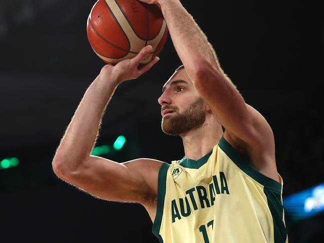 MELBOURNE, AUSTRALIA - JULY 04: Jack McVeigh of the Boomers shoots during the game between the Australia Boomers and China at John Cain Arena on July 04, 2024 in Melbourne, Australia. (Photo by Graham Denholm/Getty Images)