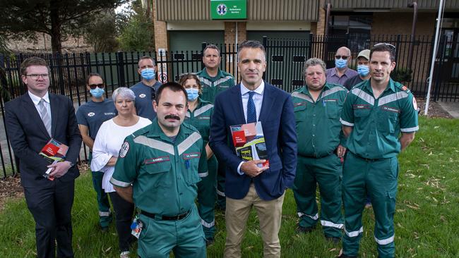 Opposition leader Peter Malinauskas with paramedic Sam Phillips (left) supported by local Mount Barker ambulance officers at Mount Barker Ambulance Station. Picture: Mark Brake