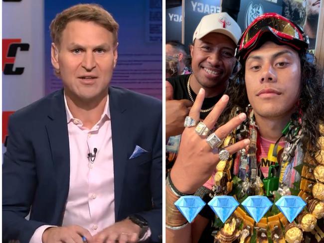 Kane Cornes went again while Jarome Luai celebrates. Photo: Instagram, @jaromeluai and Twitter, Footy on Nine.