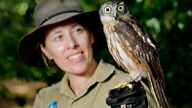 The NT Government says it will continue to review and explore options for the future of the Territory Wildlife Park. Pictured is Tessa Walmsley with a rescued Barking Owl at the park. Picture: Michael Franchi