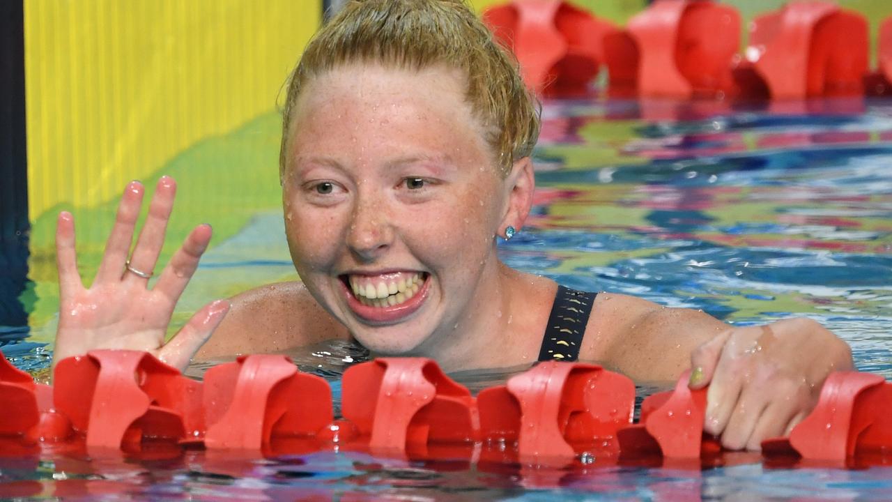 Lakeisha Patterson of Australia after winning the Women's S9 100m Freestyle final. Picture: AAP Image/Dave Hunt.