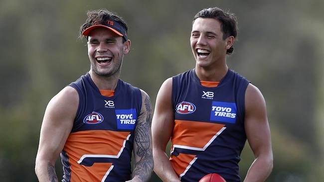 Jyd Caldwell, right, shares a laugh with team-mate Zac Williams.