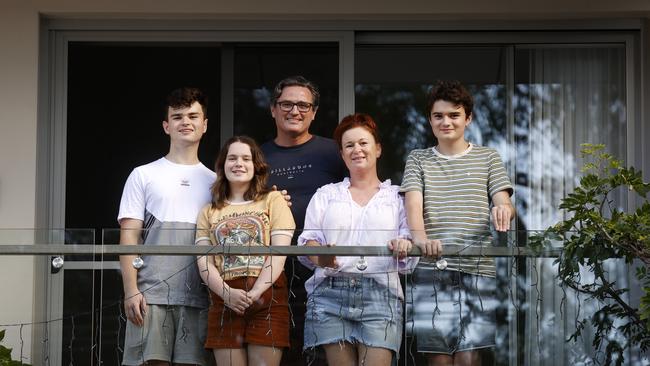 The McGloin family in isolation at home in Sylvania, Elissa and Richard with their children from left Mitchell, 16, Adalyn, 12, and Ashton, 14. Picture: Jonathan Ng