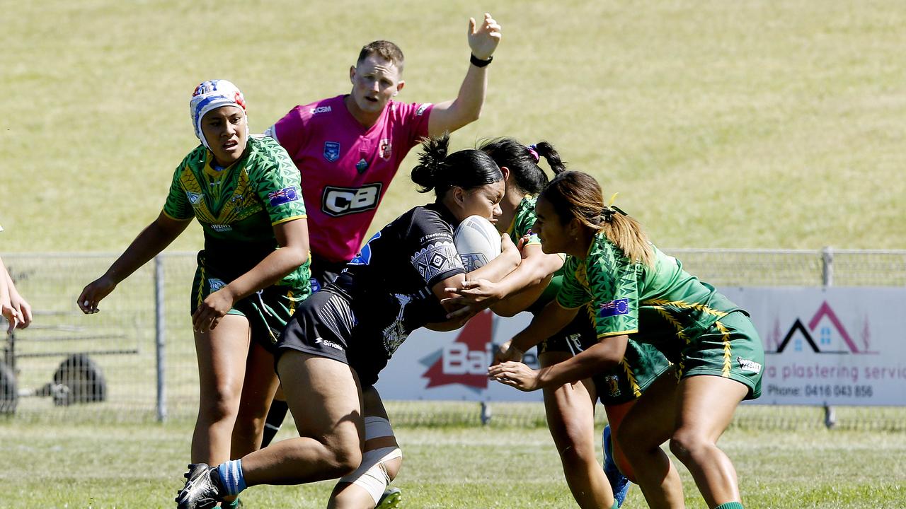 Action from Under 18 Girls Ozzy Cooks (cook islands) v Fiji. Harmony Nines Rugby League. Picture: John Appleyard