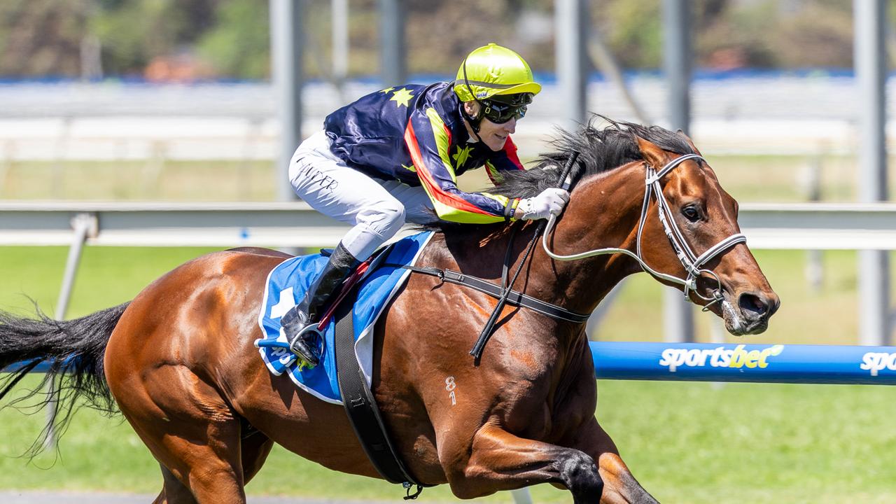 Goldrush Guru scores a strong win in the Hill Smith Stakes at Morphettville on Saturday. Picture: Makoto Kaneko