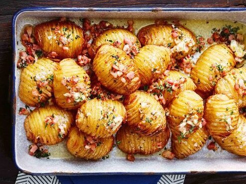 Hasselback potatoes with bacon butter.