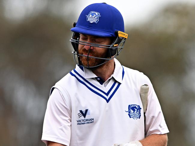 Greenvale KangaroosÃ captain Justin Galeotti is caught out for a golden duck during the Premier Cricket match between Greenvale Kangaroos and Casey-South Melbourne at Greenvale Reserve in Greenvale, Saturday, Oct. 14, 2023. Picture: Andy Brownbill