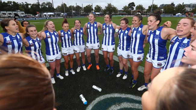 The Kangaroos celebrate after they defeated the Tigers during the round six AFLW match between the Richmond Tigers and the North Melbourne Kangaroos at The Swinburne Centre on March 05, 2021 in Melbourne, Australia. (Photo by Robert Cianflone/Getty Images)