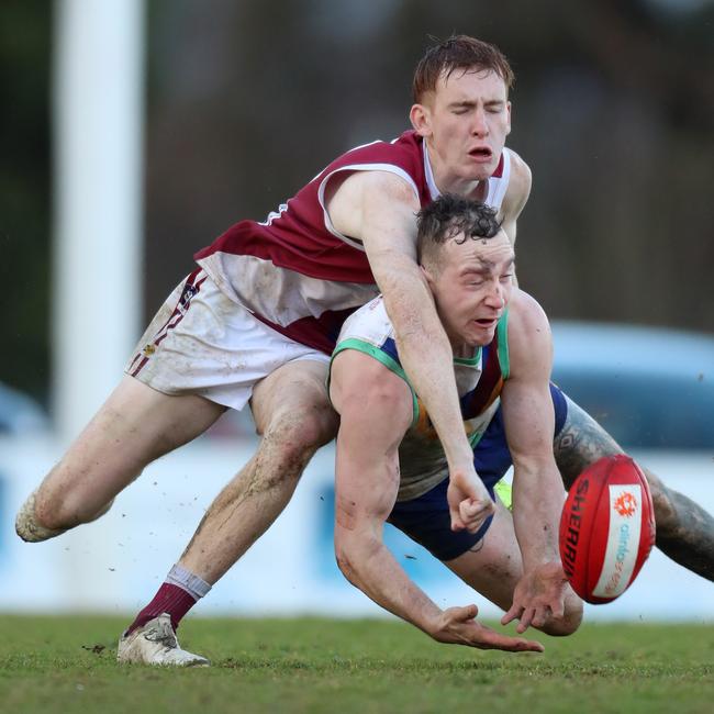 Traralgon’s Kade Marsh arrives late to spoil Moe’s Trent Baldi.