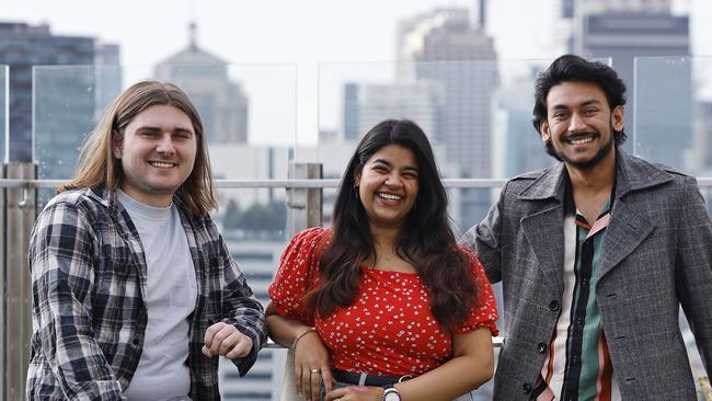 DAILY TELEGRAPH - 3/7/24University students and residents at Scape Redfern, L to R, Harry King, Jahanvi Tewari and Arjit Das pictured today.  Picture: Sam Ruttyn