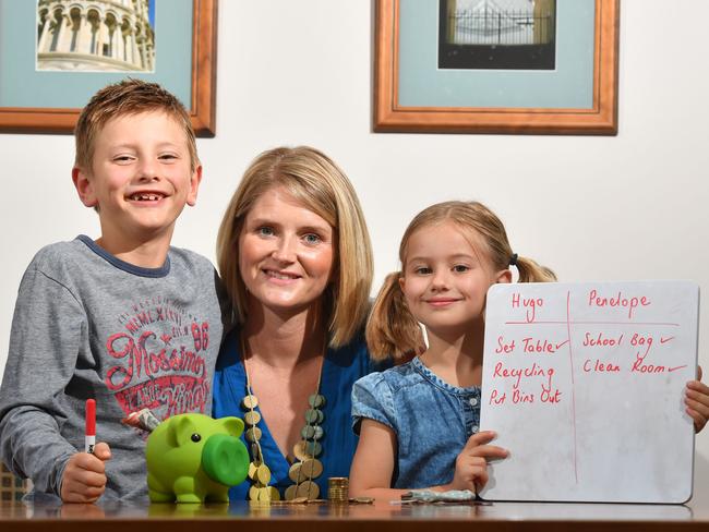 Katie Costa with children Hugo, 7, and Penelope, 5. Photo: AAP/Keryn Stevens