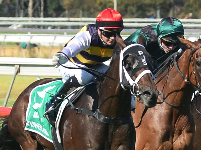 Jockey Jamie Kah on Daqiansweet (far left) wins the 2022 Adelaide Cup at Morphettville Racecourse on Monday 14th March 2022 - Picture: Michael Marschall