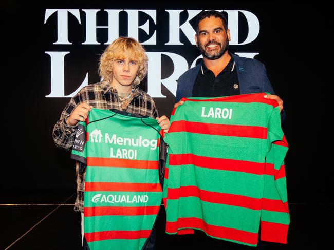 Greg Inglis presents Kid Laroi with a Rabbitohs jersey. Picture: Facebook