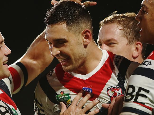 AUCKLAND, NEW ZEALAND - MAY 12:  Ryan Matterson of the Roosters celebrates after scoring a try during the round 10 NRL match between the New Zealand Warriors and the Sydney Roosters at Mt Smart Stadium on May 12, 2018 in Auckland, New Zealand.  (Photo by Hannah Peters/Getty Images)