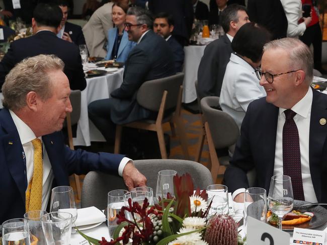MELBOURNE, AUSTRALIA - NewsWire Photos, MARCH 5, 2024. Businessman Andrew Forrest talks with Prime Minister Anthony Albanese at the CEO lunch at the 2024 ASEAN-Australia Special Summit. Picture: NCA NewsWire / David Crosling