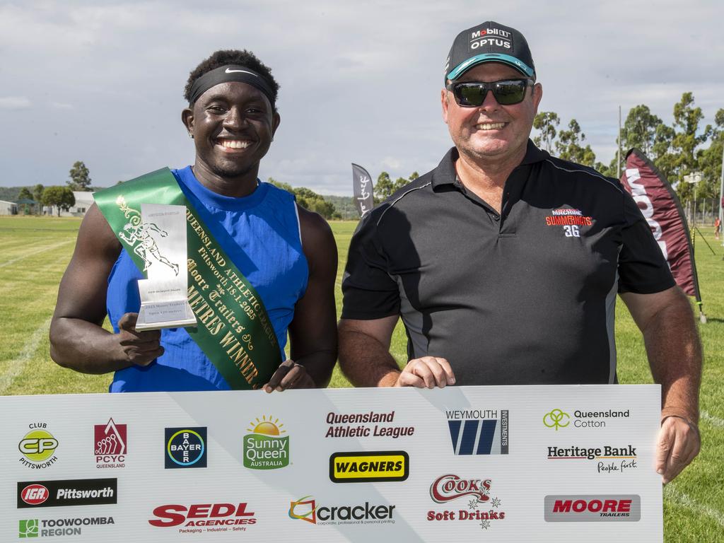 Anas Abu Ganaba winner of the Moore Trailers 120 metres open and Shayne Moore. The Arthur Postle Gift at Pittsworth. Saturday 18th January, 2025. Picture: Nev Madsen.