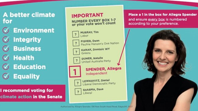 Allegra Spender’s how to vote card for the 2022 election.