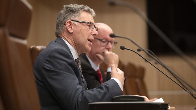 Real Estate Institute of Tasmania President Tony Collidge and CEO Mark Berry giving evidence at the House of Assembly Select Committee on Housing Affordability at Parliament House. Picture: CHRIS KIDD