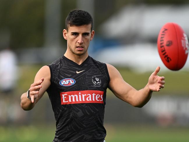 MELBOURNE, AUSTRALIA - JULY 16: Nick Daicos of the Magpies in action during a Collingwood Magpies AFL training session at Olympic Park Oval on July 16, 2024 in Melbourne, Australia. (Photo by Daniel Pockett/Getty Images)