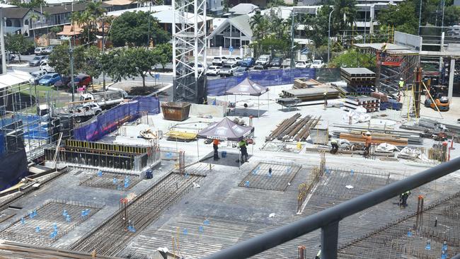 Construction work continues on the new mental health unit at the Cairns Hospital, to be housed in a purpose built multi storey building on the corner of Lake Street, Kirwan Street and the Esplanade. Picture: Brendan Radke