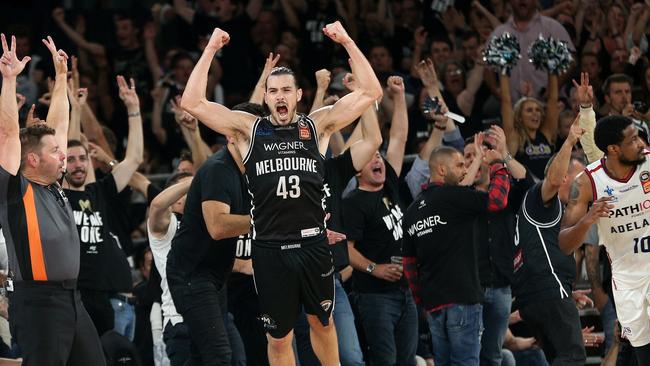 Melbourne United star Chris Goulding celebrates after his team scored a three pointer on Saturday night.