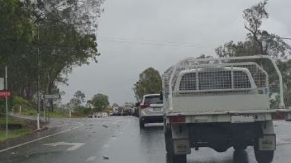 Traffic banked up in the north bound lane of the Bruce Highway on Sunday morning after a car and truck crash near Bells Bridge, north of Gympie. Photo: Frances Klein