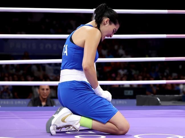 Outrage went into overdrive when Italy’s Angela Carini quit just 46 seconds into her fight with Khelif. Picture: Getty Images