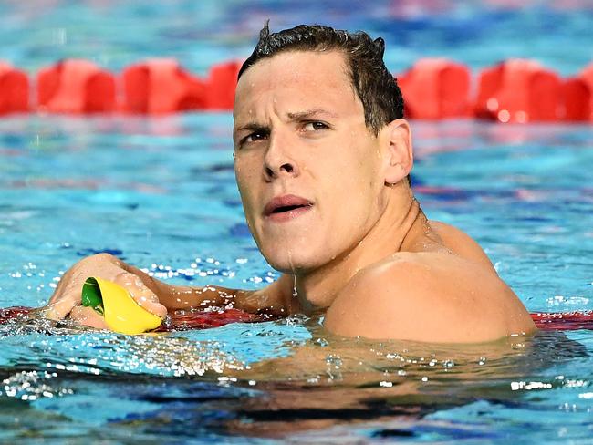 GOLD COAST, AUSTRALIA - APRIL 07:  Mitch Larkin of Australia looks on following the Men's 50m Backstroke Semifinal 1 on day three of the Gold Coast 2018 Commonwealth Games at Optus Aquatic Centre on April 7, 2018 on the Gold Coast, Australia.  (Photo by Quinn Rooney/Getty Images)