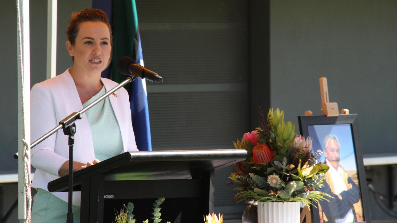 Chief Minister Lia Finocchiaro pays tribute to former Barkly MLA Elliot McAdam. Picture: Gera Kazakov