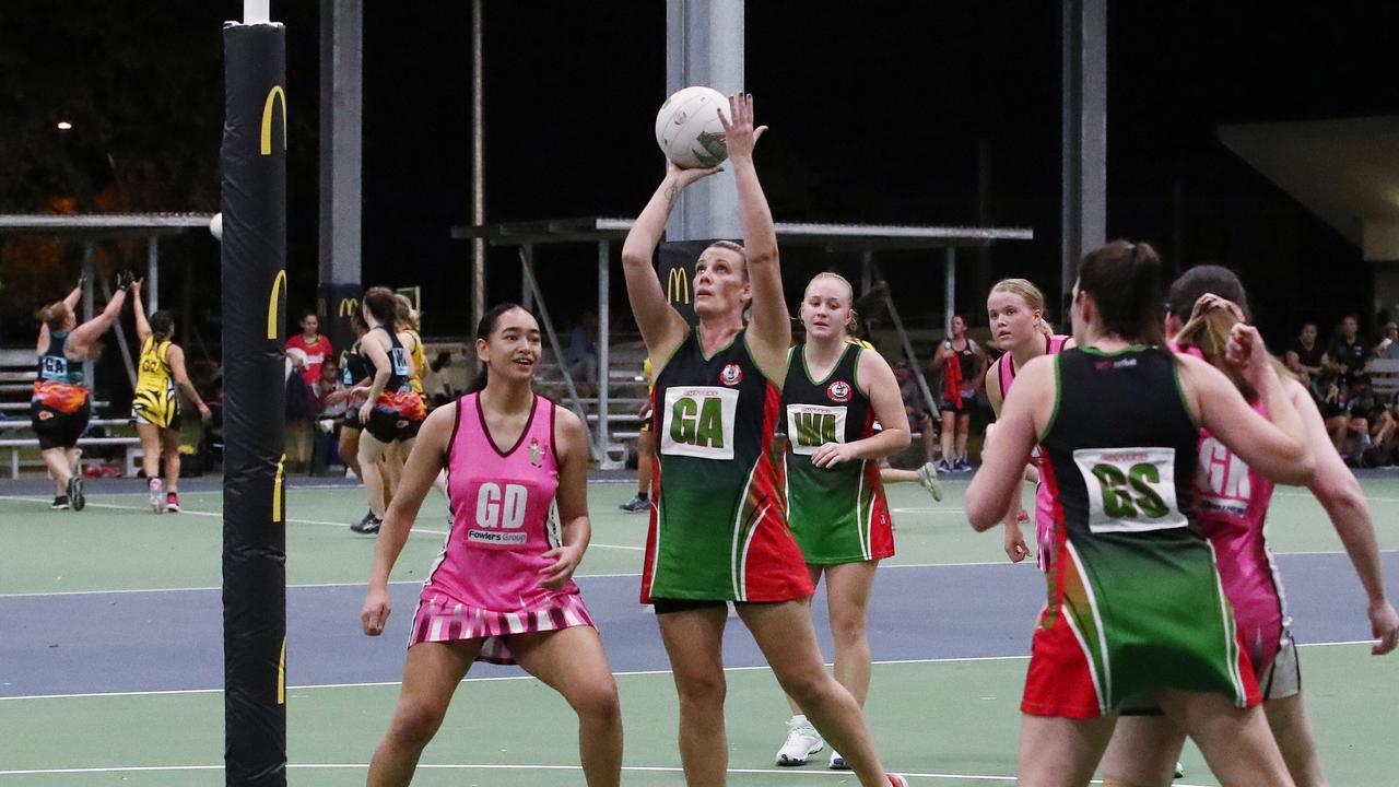 Cutters' Shana Boseria shoots the ball in the Cairns Netball Association Senior Division 1 match between the South Cairns Cutters and Brothers Leprechauns. PICTURE: BRENDAN RADKE