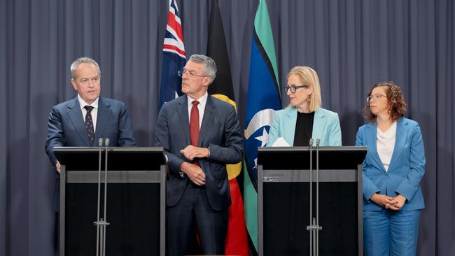 NDIS Minister Bill Shorten, Attorney-General Mark Dreyfus, Finance Minister Katy Gallagher and Social Services Minister Amanda Rishworth responded to the Robodebt Royal Commission in parliament. Picture: NCA NewsWire / David Beach