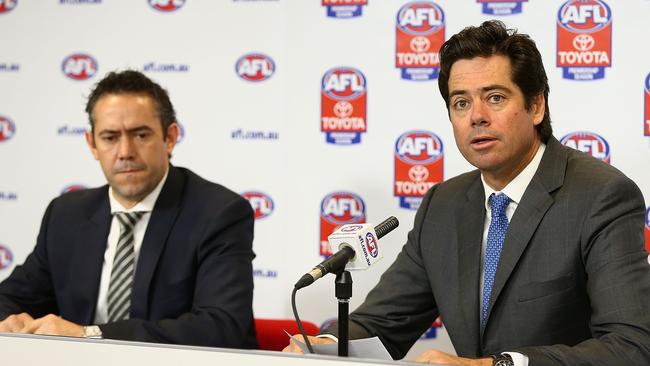 Former high-flying footy executive Simon Lethlean (left) with AFL boss Gillon McLachlan. Picture: Getty