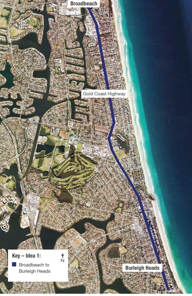 The light rail path along the Gold Coast Highway as originally proposed by GCC in 2015. Photo: Supplied.