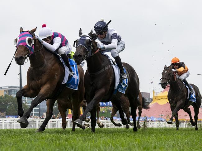 MELBOURNE, AUSTRALIA - FEBRUARY 08: Jye McNeil riding Rey Magnerio defeats Blake Shinn riding Insurrection in Race 6, the Herald Sun Rubiton Stakes during Melbourne Racing at Caulfield Racecourse on February 08, 2025 in Melbourne, Australia. (Photo by Vince Caligiuri/Getty Images)