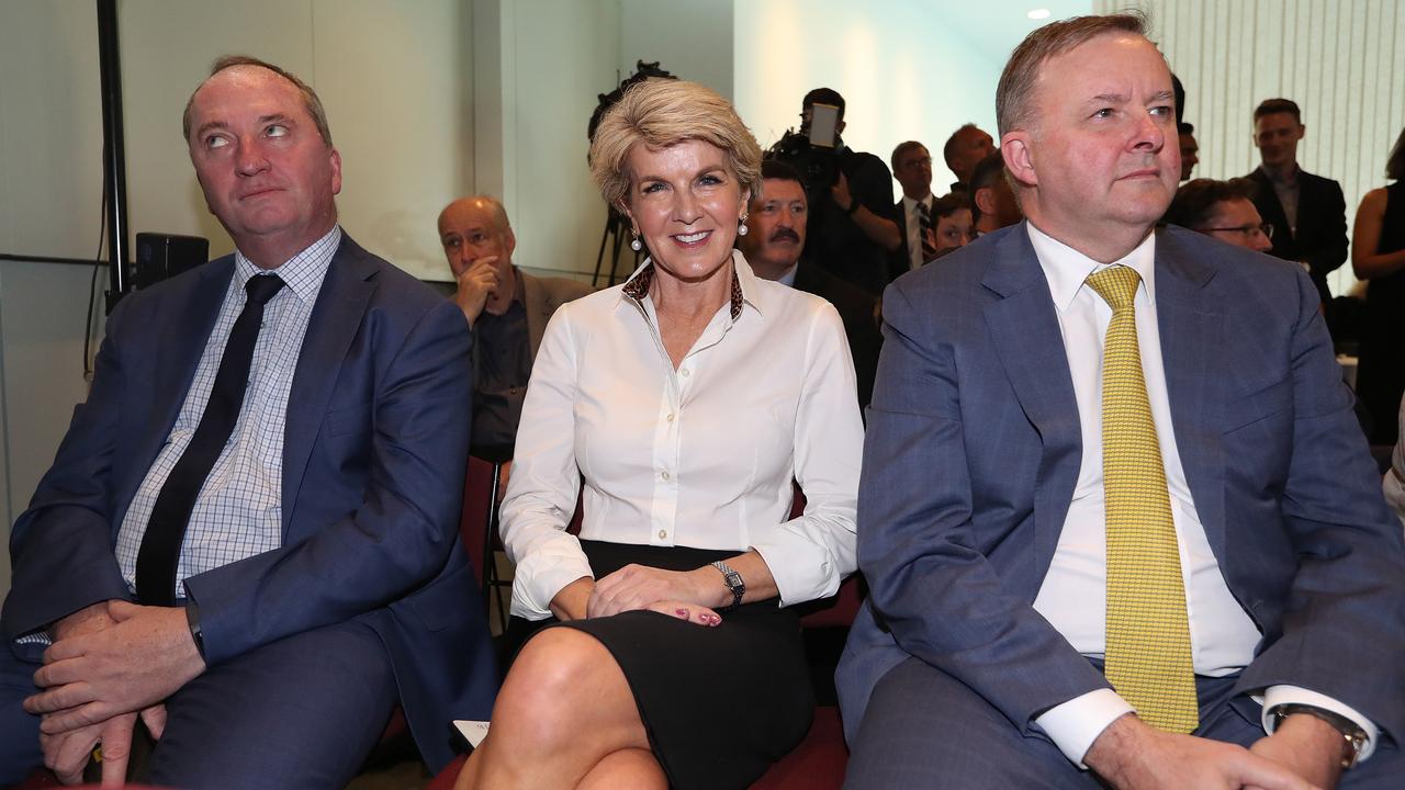Well, this is awkward. Barnaby Joyce, Julie Bishop and Anthony Albanese at Former PM Kevin Rudd's launch of his second political memoir, The PM Years. Picture: Kym Smith