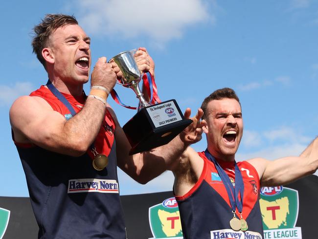 Playing coach Brad Tilbury and Hugh Williams celebrate. North Hobart TSL development league winners 2023.  Picture: Nikki Davis-Jones