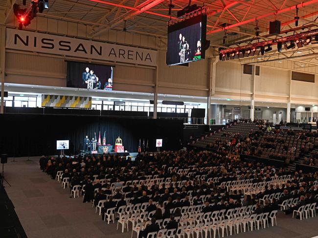 A memorial service for fallen Queensland Fire and Rescue Service firefighter Izabella “Izzy” Nash was held at the Nissan Arena, also known as the Queensland State Netball Centre, on Mains Road in Nathan, Brisbane on Monday. Picture: Lyndon Mechielsen