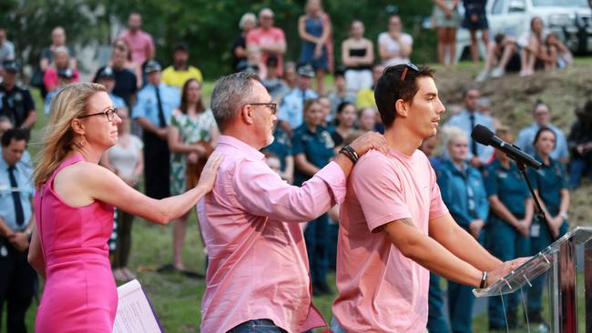 Hannah Clarke’s brother Nathaniel is supported by father Lloyd and Councillor Fiona Cunningham. Picture: AAP