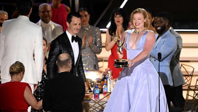 Australian actor Sarah Snook holds an Emmy after Succession won the award for Outstanding Drama Series in 2023. Picture: AFP