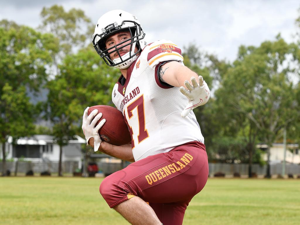 Townsville Cyclones player Ryan Worsley strikes the Heisman Trophy pose. Picture: Shae Beplate.