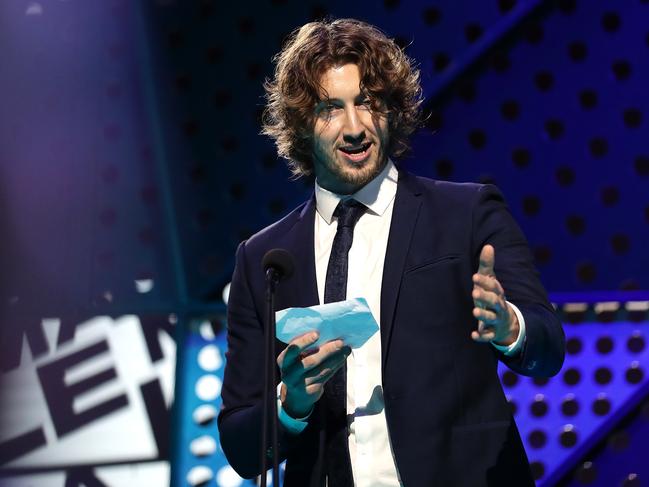 Dean Lewis pictured onstage accepting Best Male Artist. Picture: Getty Images