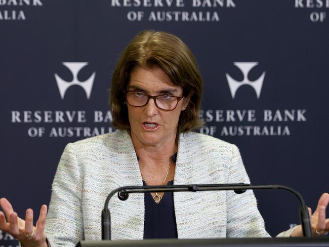 SYDNEY, AUSTRALIA - NewsWire photos FEBRUARY 06, 2024: Pictured is Michele Bullock the Australian economist who is currently governor of the Reserve Bank of Australia speaking at a press conference at the Reserve Bank of Australia (RBA) in Sydney. Picture: NCA NewsWire / Dylan Coker