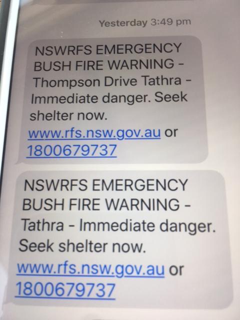 Text messages sent to residents around Tathra during the bushfires. Picture: Supplied