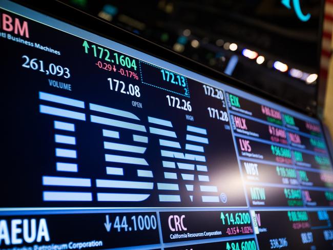 International Business Machines Corp. (IBM) signage is displayed on a monitor on the floor of the New York stock Exchange (NYSE) in New York, U.S., on Friday, April 7, 2017. Financial markets that were initially spooked by U.S. missile strikes against Syria may have settled down, but that doesn't mean investors are just taking things in stride. Photographer: Michael Nagle/Bloomberg