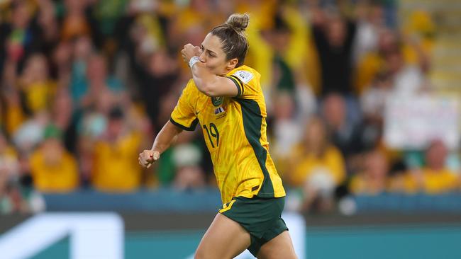 Gorry paid tribute to her fiance’s father in her penalty celebration. Picture: Chris Hyde – FIFA/FIFA via Getty Images