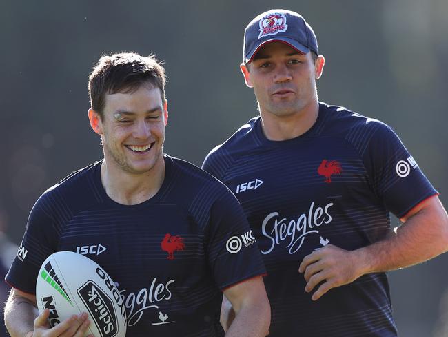 Luke Keary and Cooper Cronk were at the SCG on day three. Picture: Brett Costello